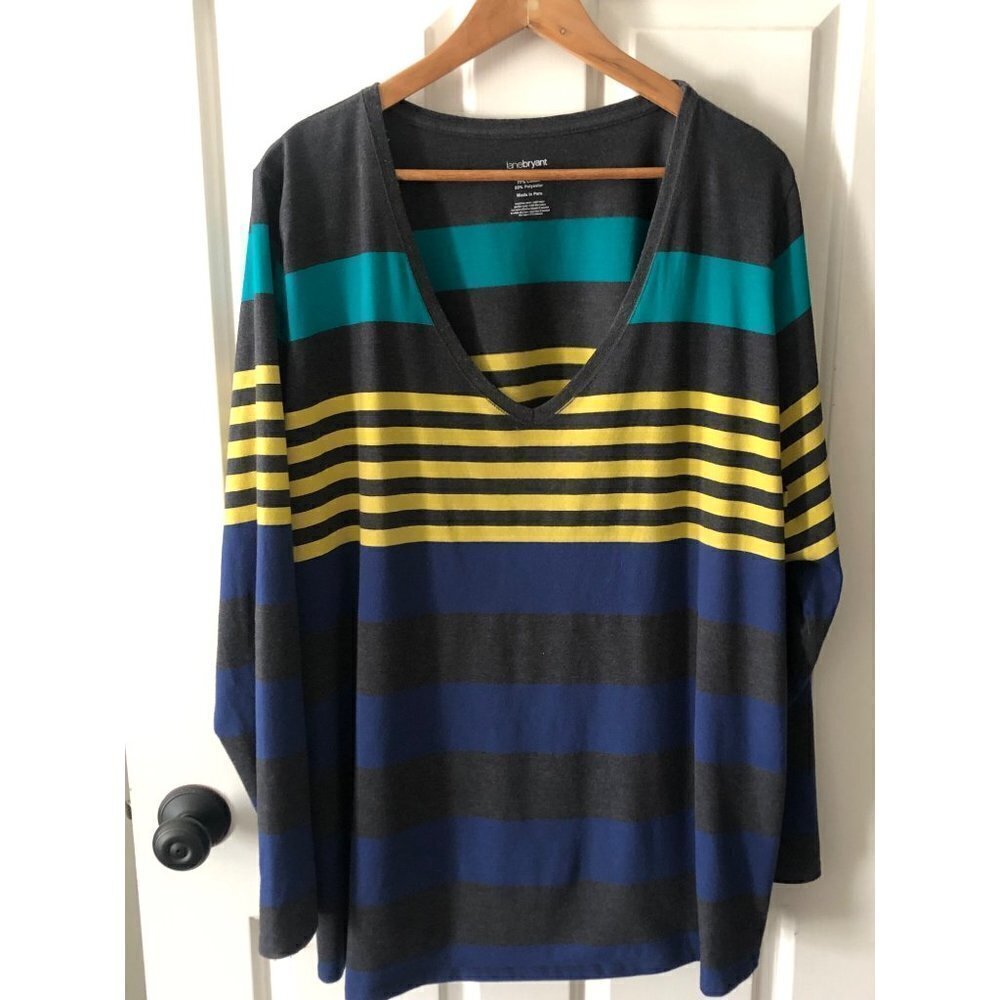 Woman's Plus Size 26/28 Lane Bryant Shirt Striped with Blue Yellow Teal - Picture 2 of 7